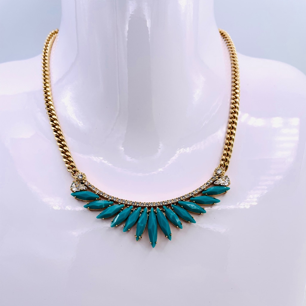 Henri Bendel Gold Plated Green Resin Stone Statement Logo Necklace 118$